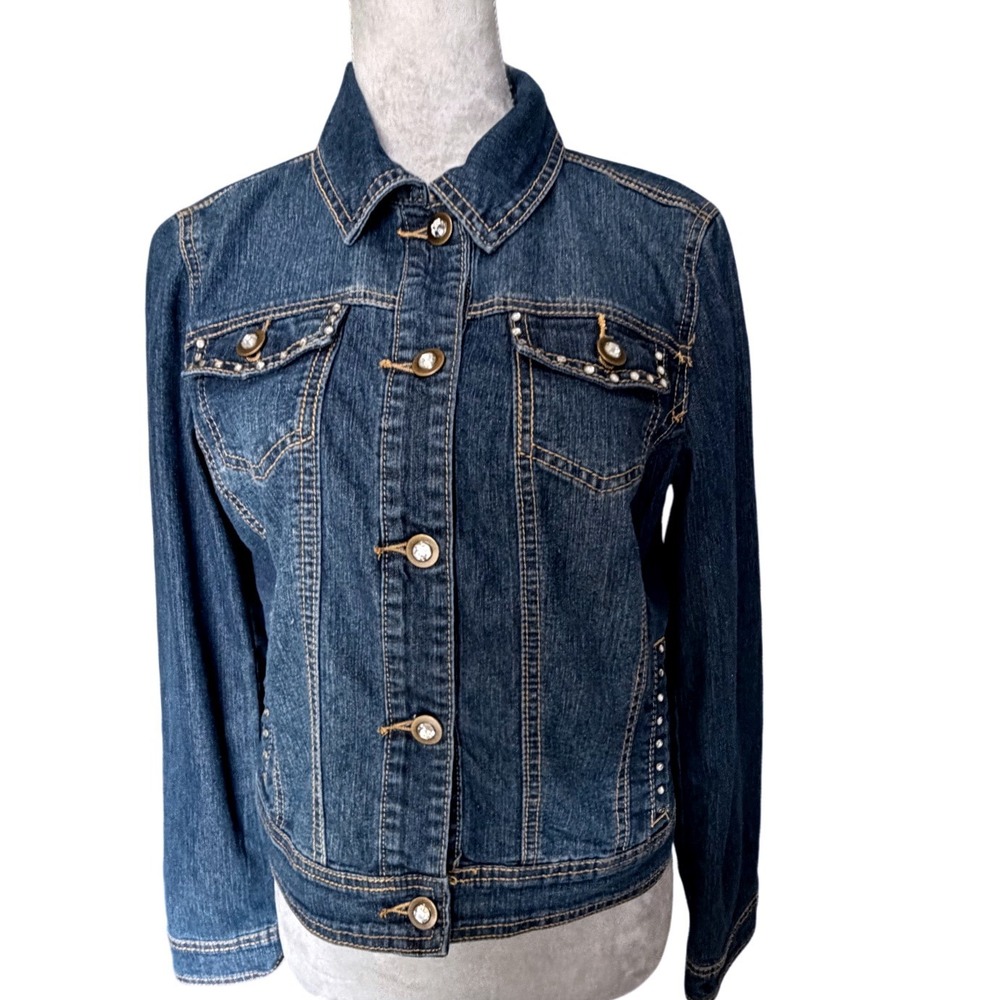 Baccini Womens‎ Dark Wash Rhinestone Embellished Denim Jacket Blue Size M
